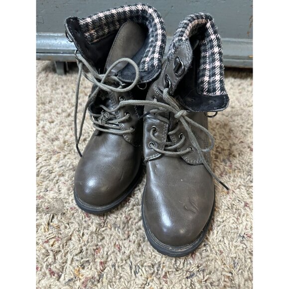 Dolce By Mojo Moxy Gray Lace-Up Ankle Boots Chunky Heel plaid Cuff Womens 9 - Picture 2 of 12